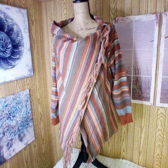 Women's Open Front Knited Tassels Slash Loose Cardigan Crew Neck Speckled Fringe - Picture 4 of 8